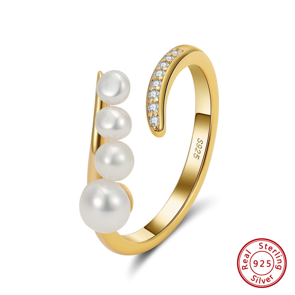 Élise Pearl Geometry Ring – S925 Sterling Silver Adjustable Ring