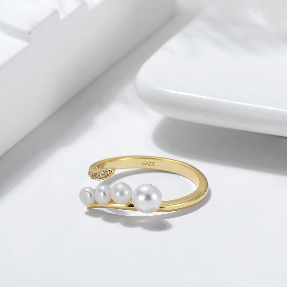 Élise Pearl Geometry Ring – S925 Sterling Silver Adjustable Ring