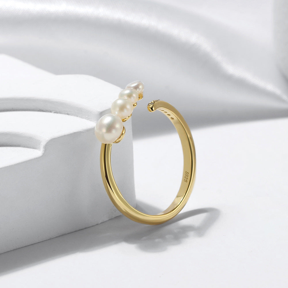 Élise Pearl Geometry Ring – S925 Sterling Silver Adjustable Ring