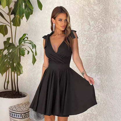 Adiffu Solid Color V-neck High-waisted Dress