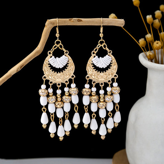 Adiffu Boho Style Rice Beads Fringe Long Earrings