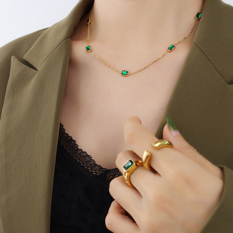 Adiffu Natural Square Emerald Zircon Collarbone Necklace