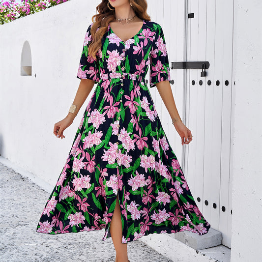 Spring/Summer Holiday Casual Print Slit Dress