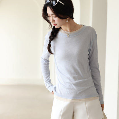 Spring and Summer Round Neck Blouse Long Sleeve T-shirt Micro-transparent Knitwear