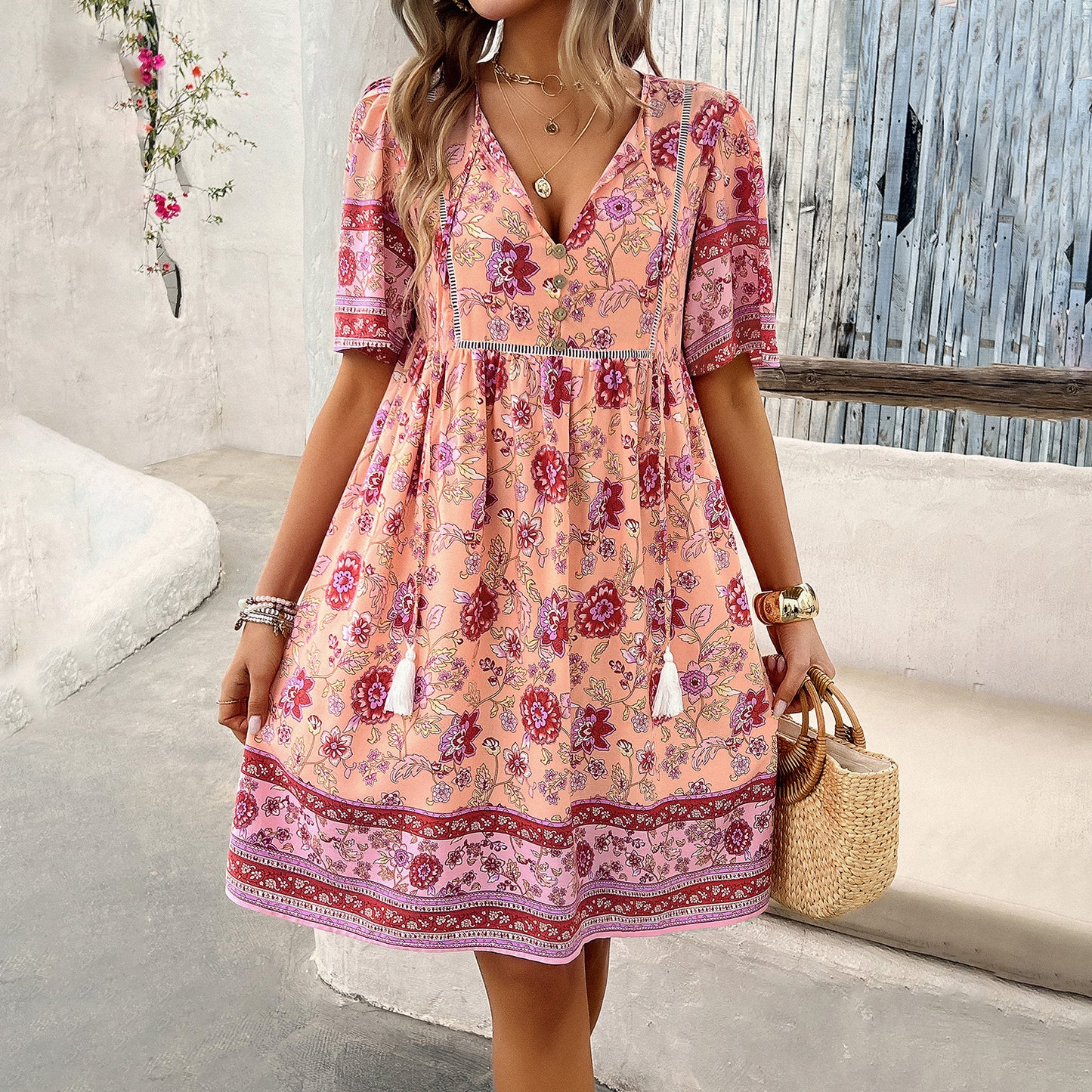 Adiffu Fashion Floral Short-sleeved Dress