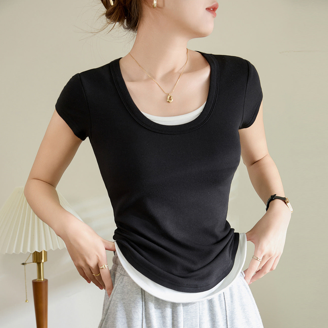 Adiffu Comfortable Cotton Curved Patchwork Short Sleeve T-shirt