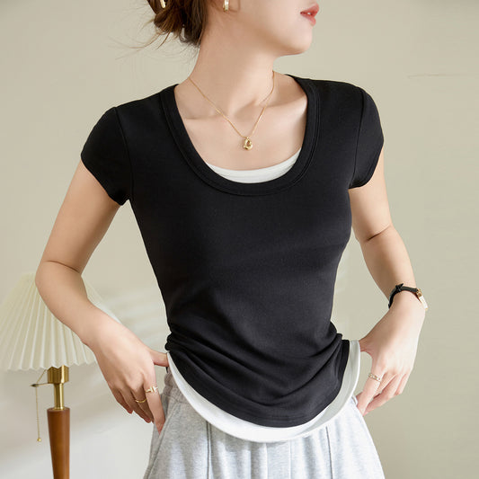 Adiffu Comfortable Cotton Curved Patchwork Short Sleeve T-shirt
