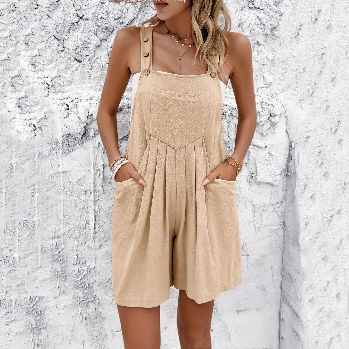 Adiffu Casual Style Solid Color Suspender Shorts