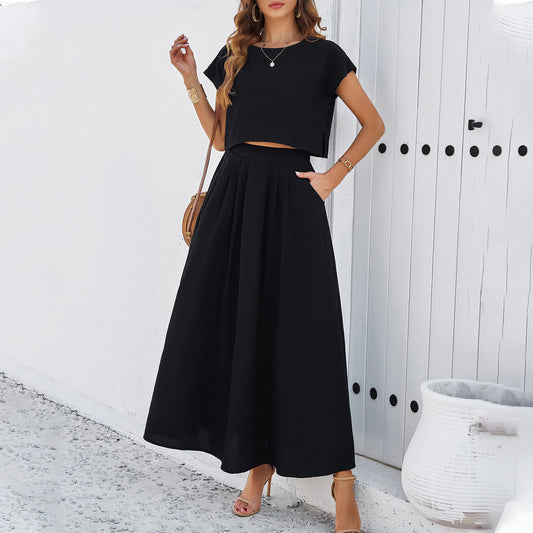 Adiffu Casual Sleeveless Top And Skirt Suit-Black