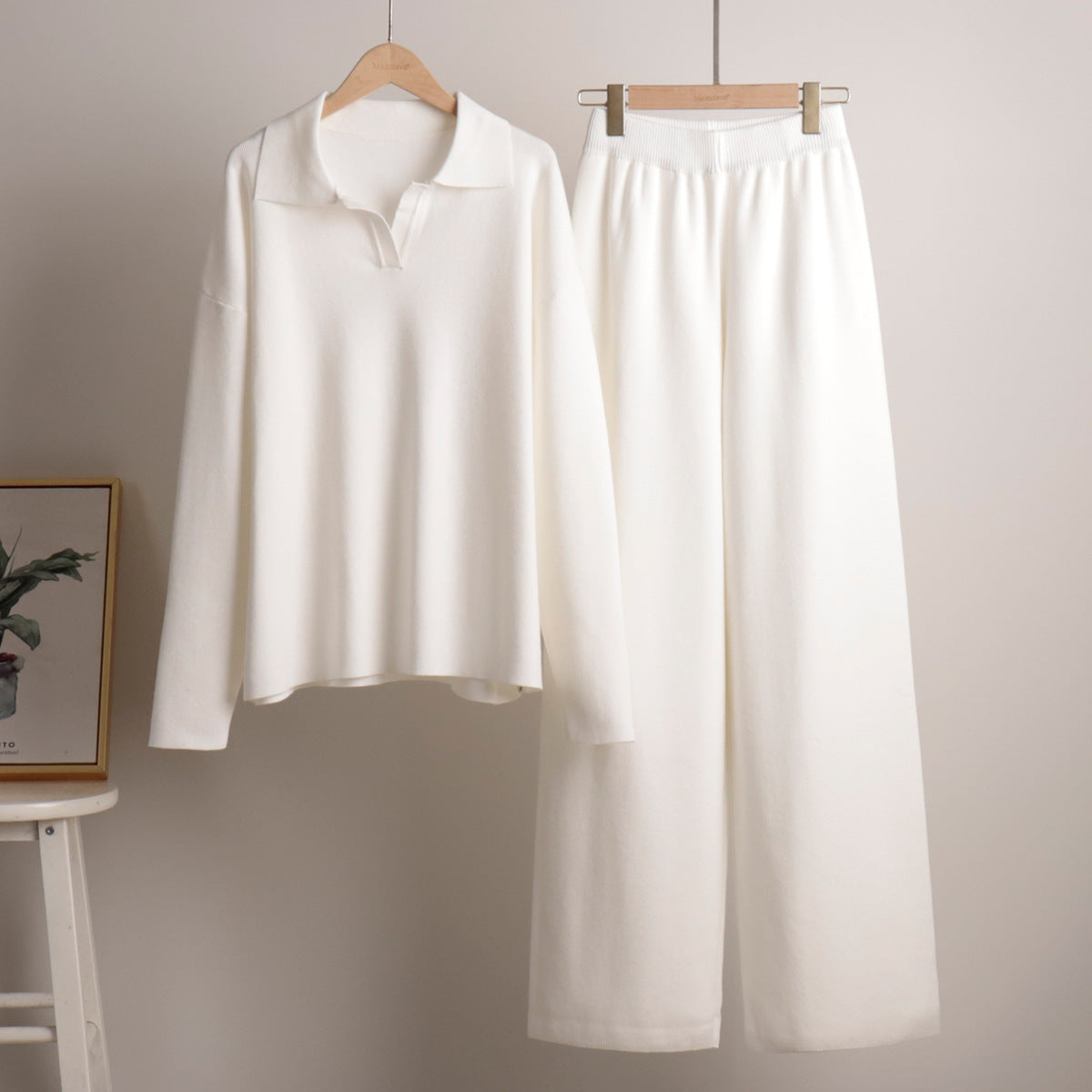 Adiffu Polo Neck Knit Pullover And Wide-leg Trousers