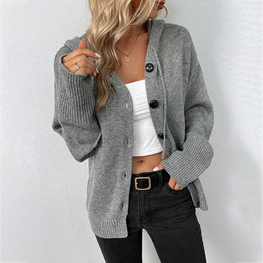 Adiffu Women's Single-breasted Solid Color Hooded Drawstring Knit Cardigan Sweater