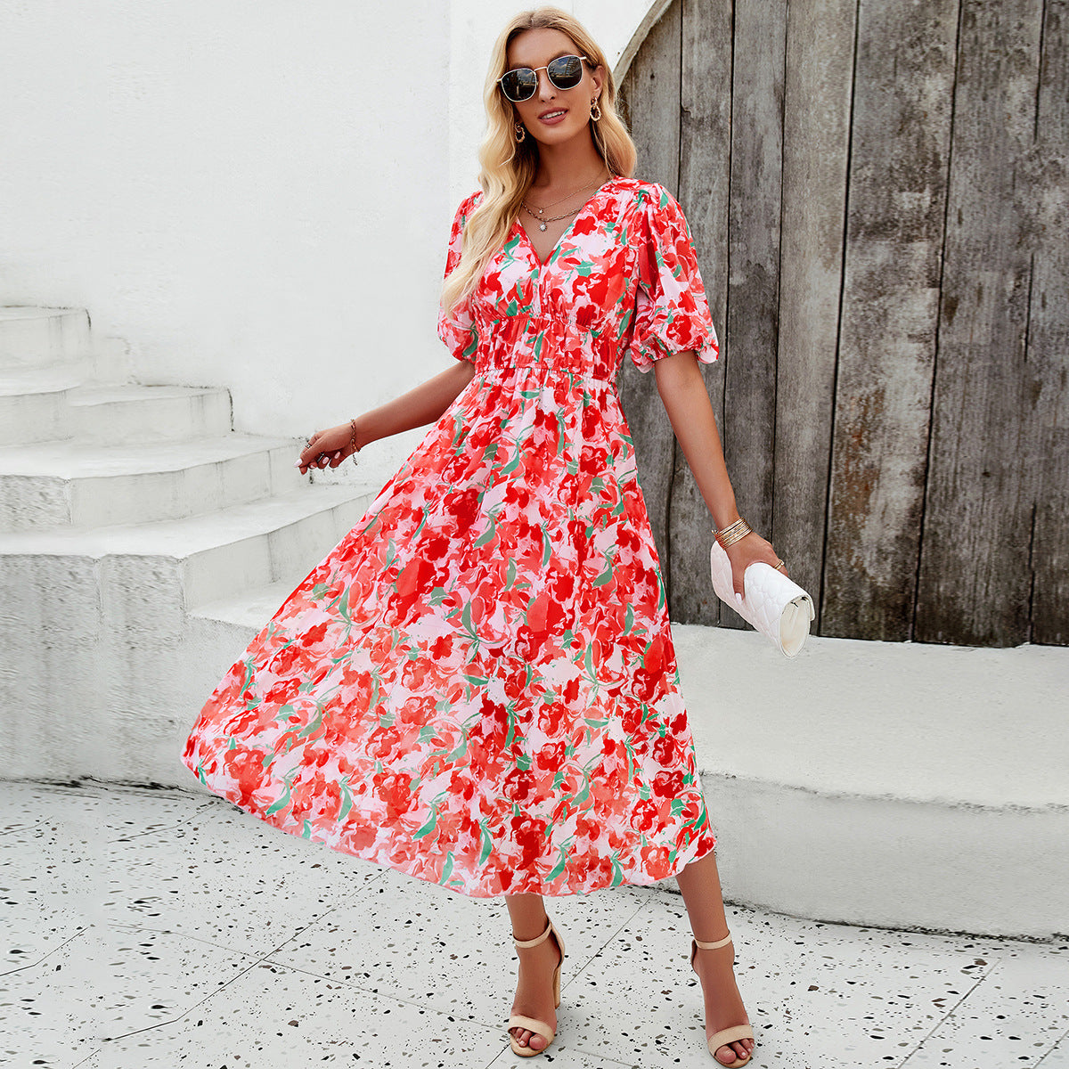 Spring/Summer Holiday Casual Print V-neck Dress