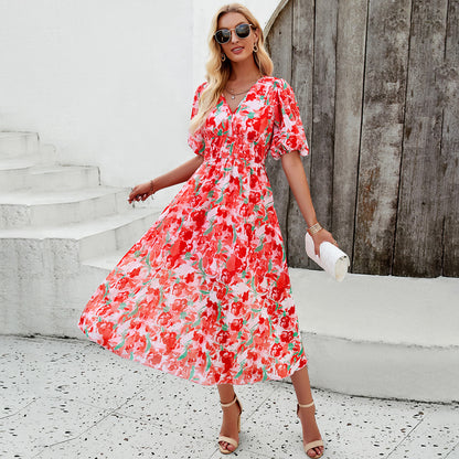Spring/Summer Holiday Casual Print V-neck Dress