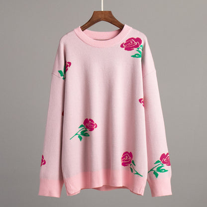 Adiffu Loose Colored Rose Crew-neck Sweater