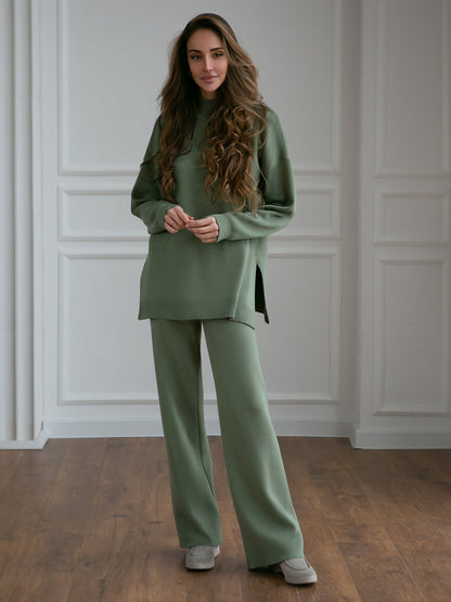 Adiffu Solid Color Knit Turtleneck Slit Sweater Set