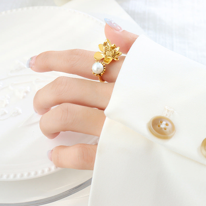 Adiffu Baroque Imitation Pearl Flower Shape Open Ring
