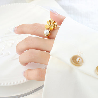 Adiffu Baroque Imitation Pearl Flower Shape Open Ring