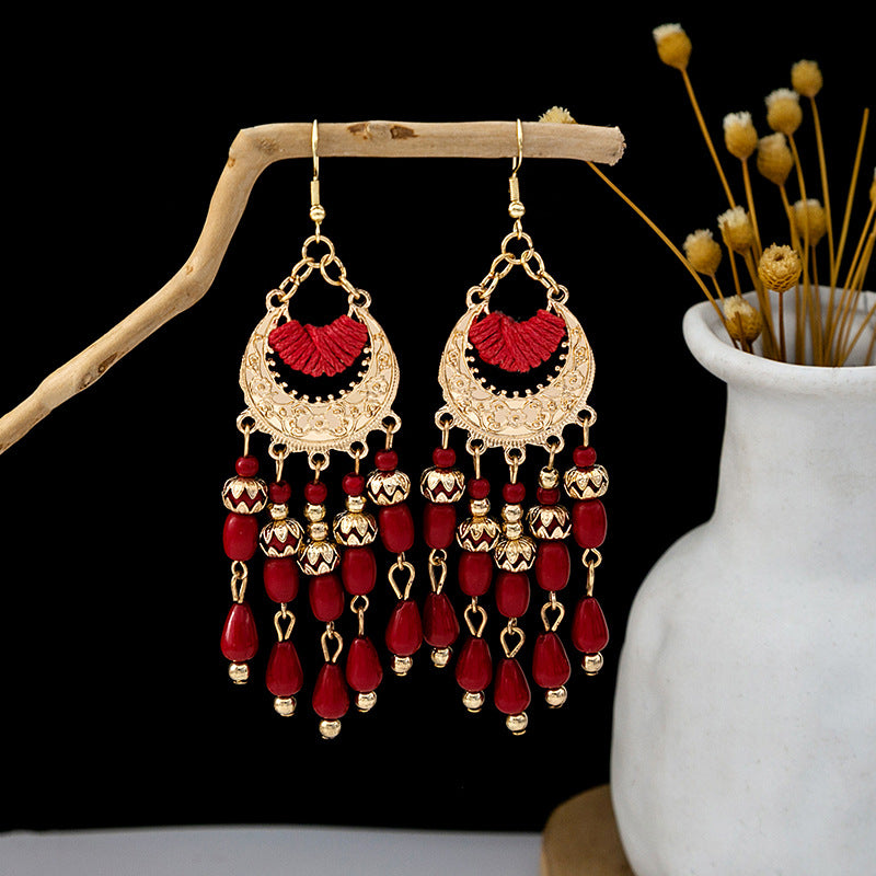 Adiffu Boho Style Rice Beads Fringe Long Earrings
