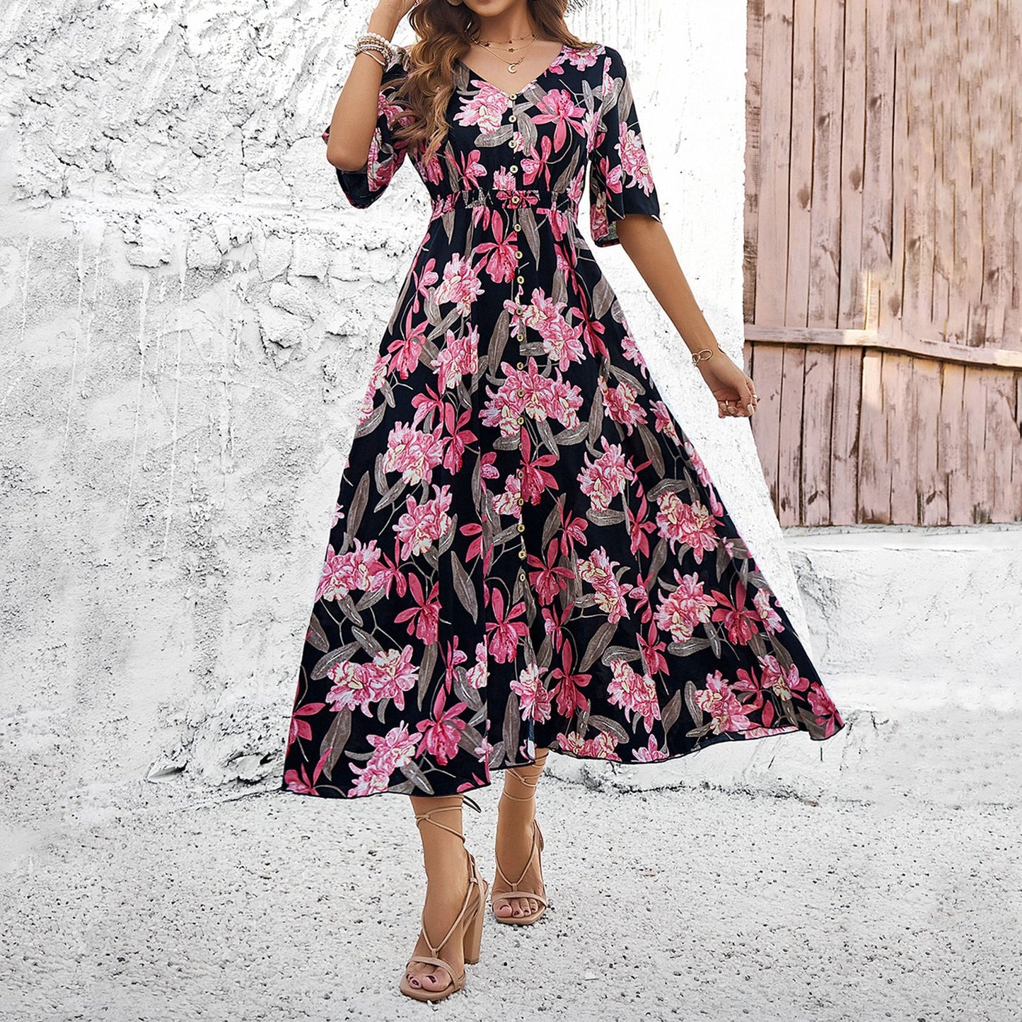 Spring/Summer Holiday Casual Print Slit Dress