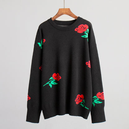 Adiffu Loose Colored Rose Crew-neck Sweater