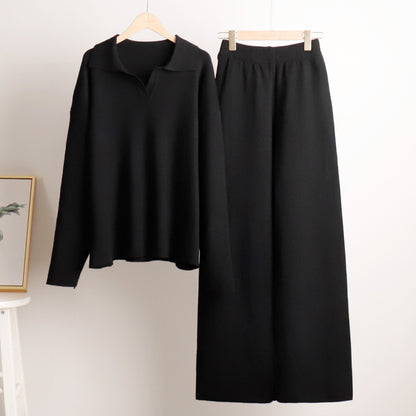 Adiffu Polo Neck Knit Pullover And Wide-leg Trousers