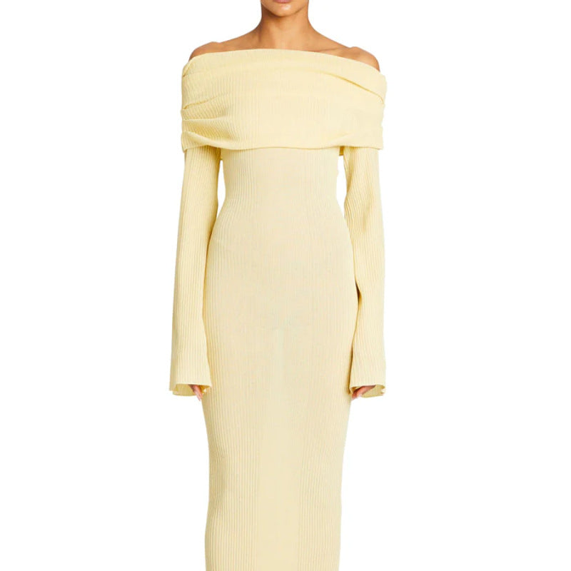 Adiffu Sexy Solid Color Long-sleeved One-shoulder Pleated Knit Dress