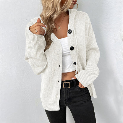 Adiffu Women's Single-breasted Solid Color Hooded Drawstring Knit Cardigan Sweater
