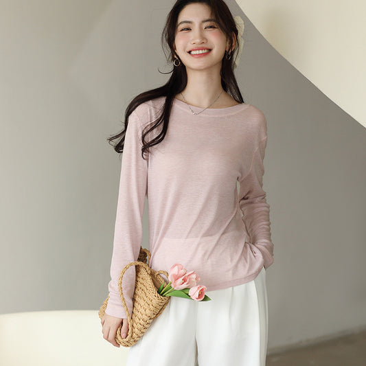 Spring and Summer Round Neck Blouse Long Sleeve T-shirt Micro-transparent Knitwear