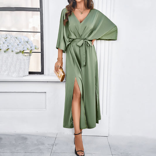 Adiffu Elegant V-Neck Loose Dress-Green
