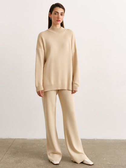 Adiffu Solid Color Knit Turtleneck Slit Sweater Set