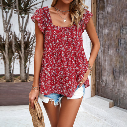 Adiffu Floral Square Collar Top