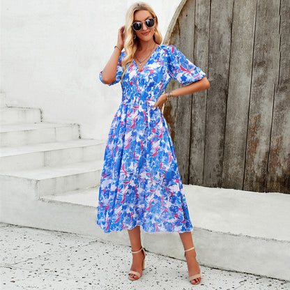 Spring/Summer Holiday Casual Print V-neck Dress