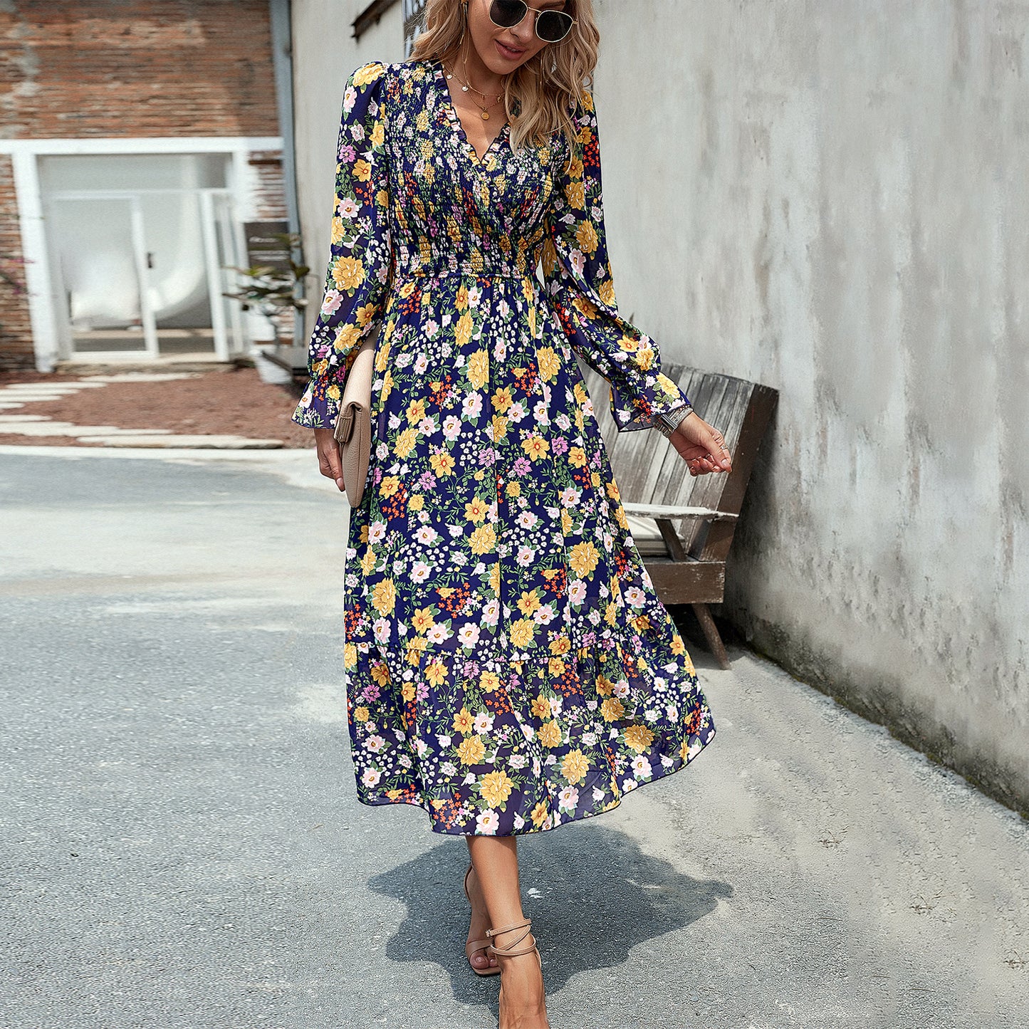 Adiffu Elegant V-neck Long Dress