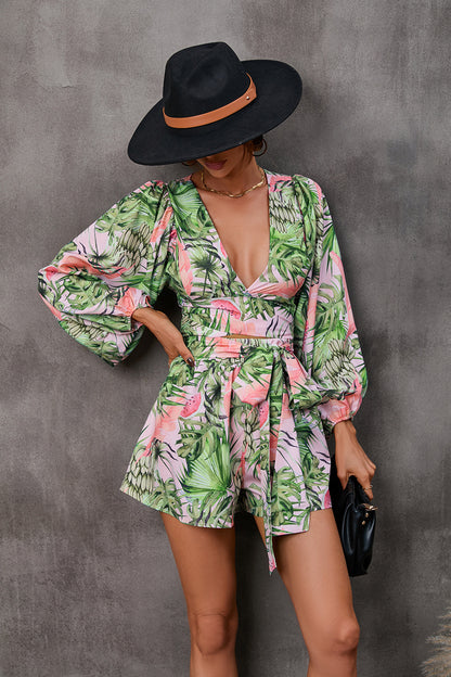 Adiffu Floral Long Sleeve Shorts V-neck Jumpsuit