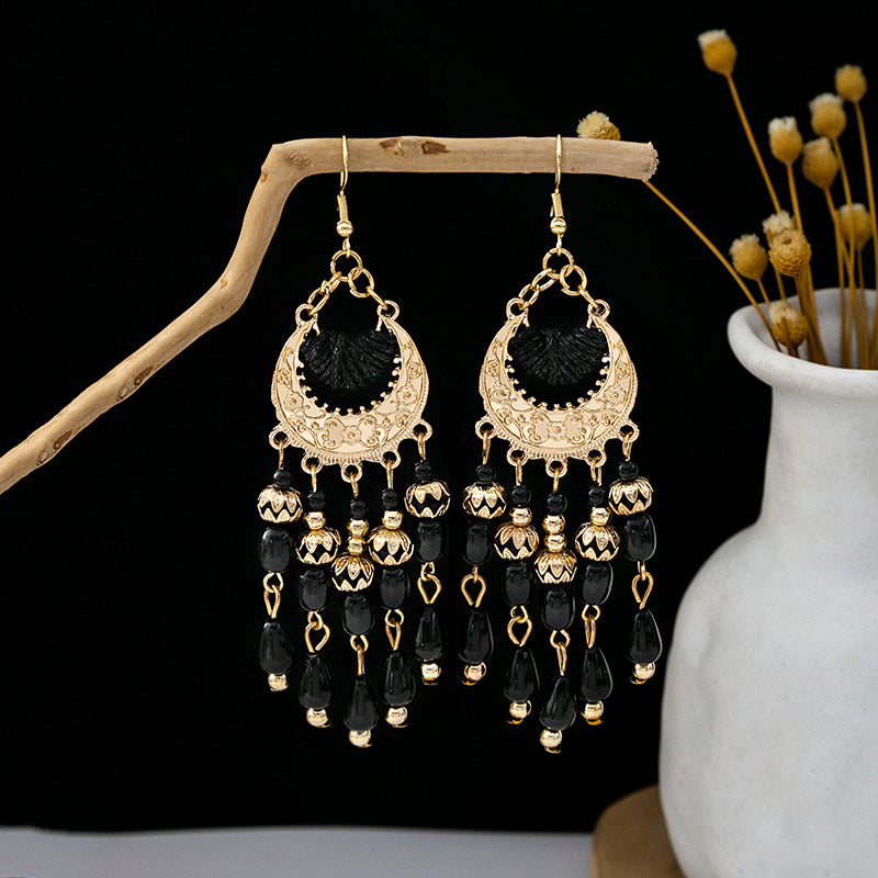 Adiffu Boho Style Rice Beads Fringe Long Earrings
