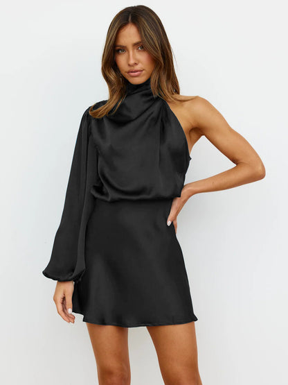 Adiffu Elegant Long-sleeved One-shoulder Evening Dress