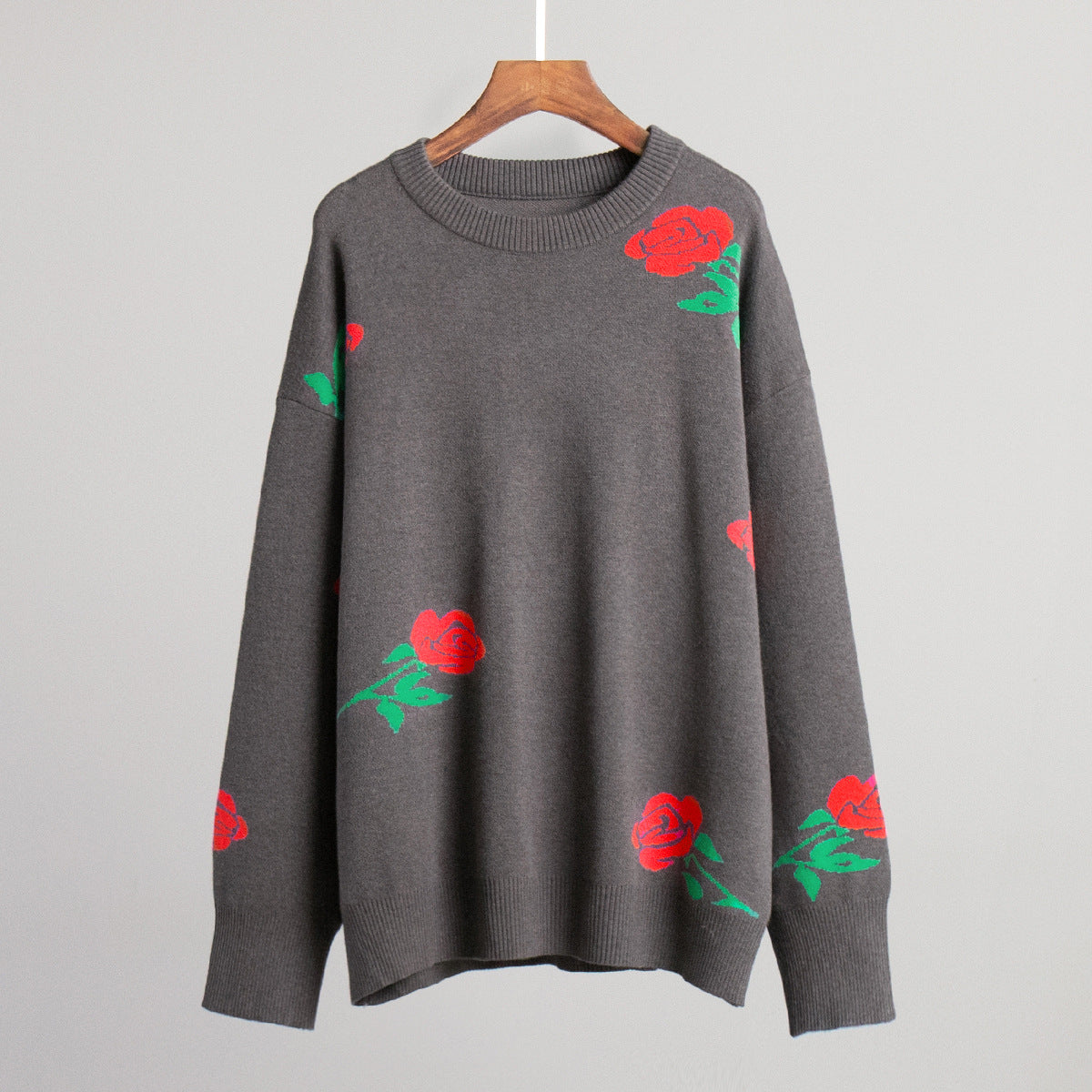Adiffu Loose Colored Rose Crew-neck Sweater