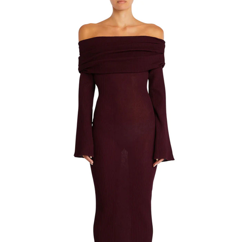 Adiffu Sexy Solid Color Long-sleeved One-shoulder Pleated Knit Dress