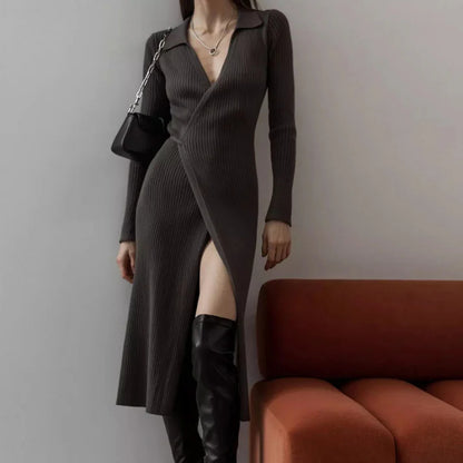 Adiffu POLO Collar Long-sleeved Lace-up Sweater Dress