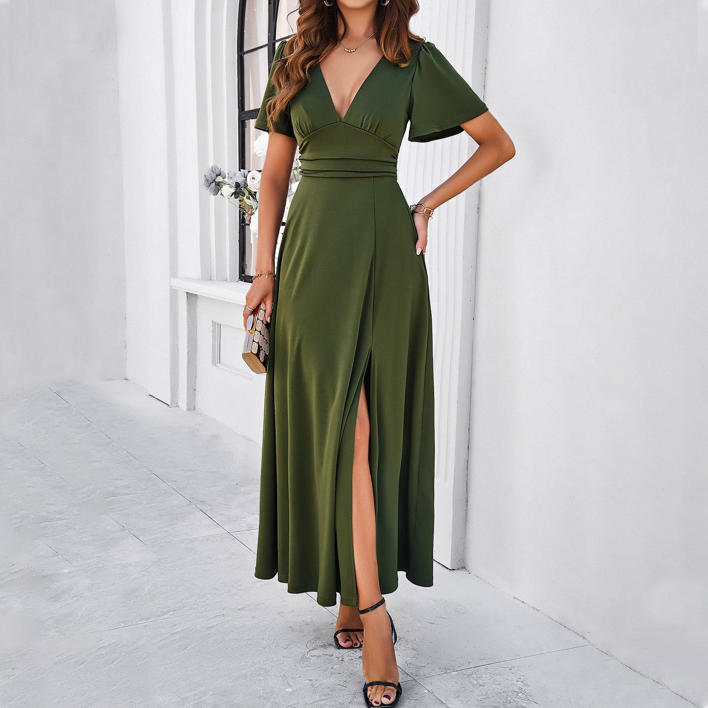 Adiffu Elegant Slim-fit V-neck Dress