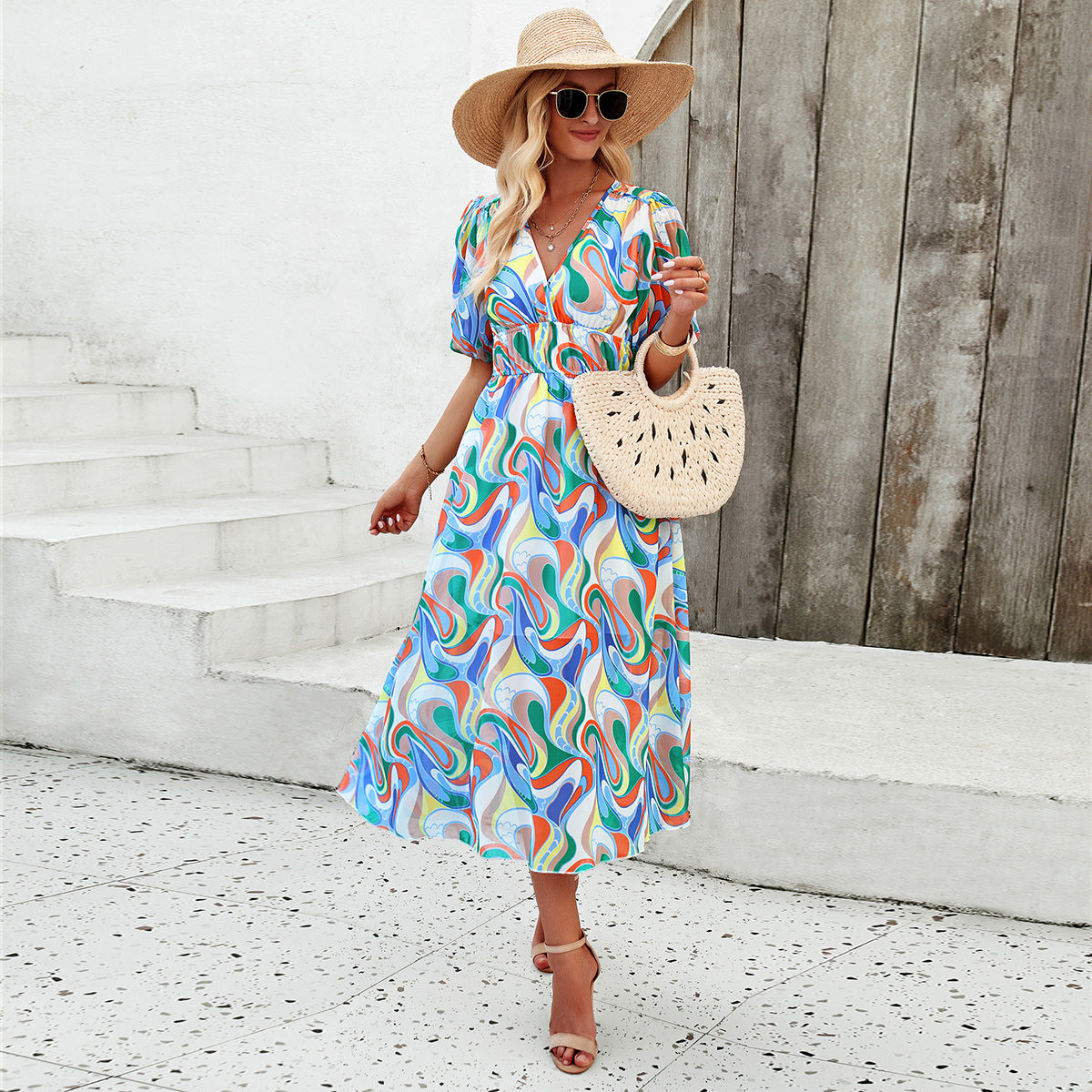 Spring/Summer Holiday Casual Print V-neck Dress