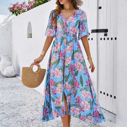 Spring/Summer Holiday Casual Print Slit Dress