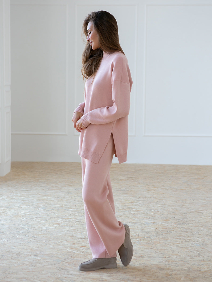 Adiffu Solid Color Knit Turtleneck Slit Sweater Set
