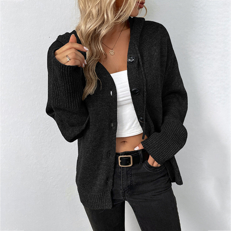 Adiffu Women's Single-breasted Solid Color Hooded Drawstring Knit Cardigan Sweater