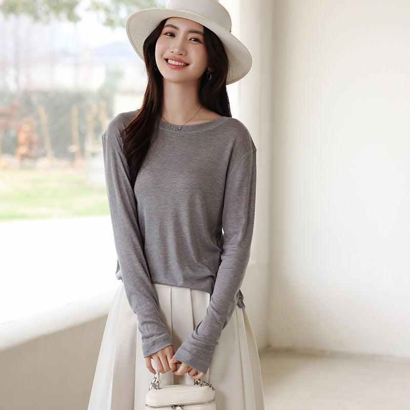 Spring and Summer Round Neck Blouse Long Sleeve T-shirt Micro-transparent Knitwear