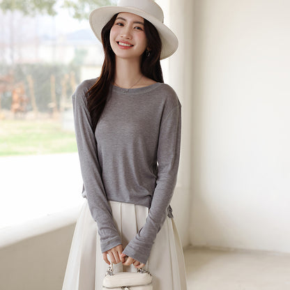 Spring and Summer Round Neck Blouse Long Sleeve T-shirt Micro-transparent Knitwear