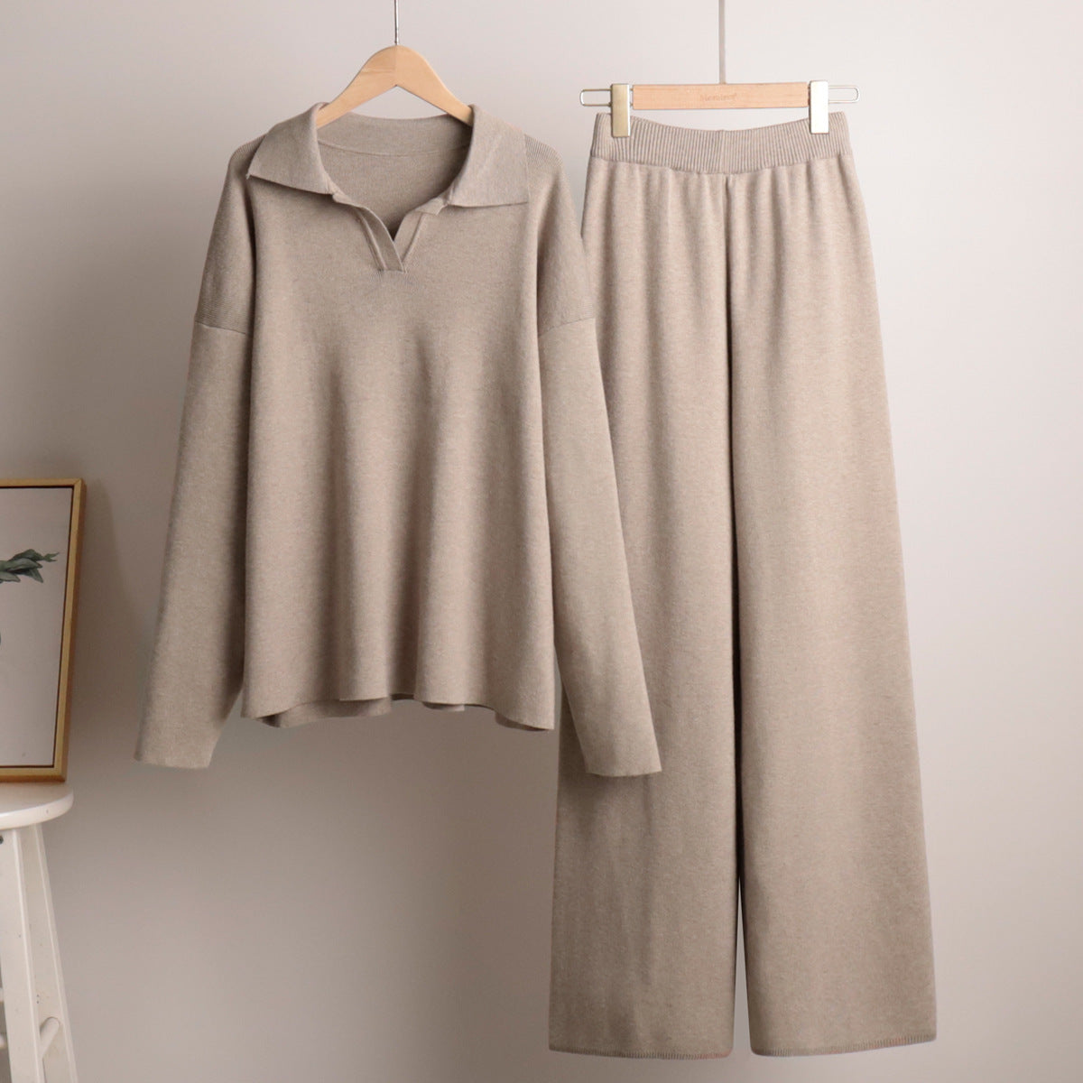 Adiffu Polo Neck Knit Pullover And Wide-leg Trousers