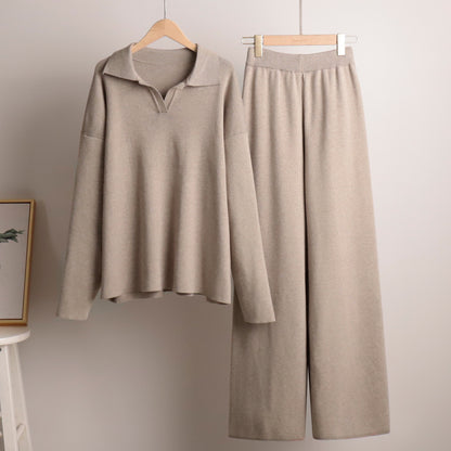 Adiffu Polo Neck Knit Pullover And Wide-leg Trousers