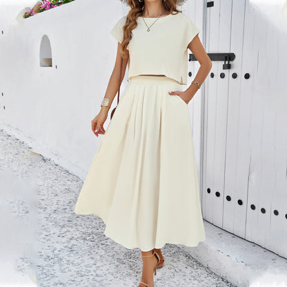 Adiffu Casual Sleeveless Top And Skirt Suit-Beige