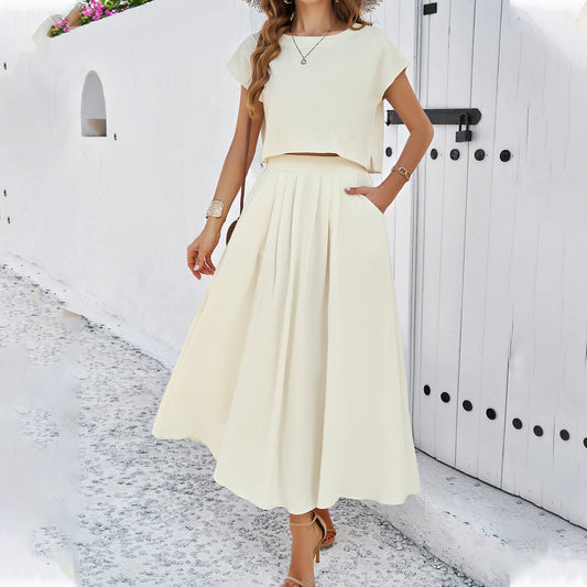 Adiffu Casual Sleeveless Top And Skirt Suit-Beige